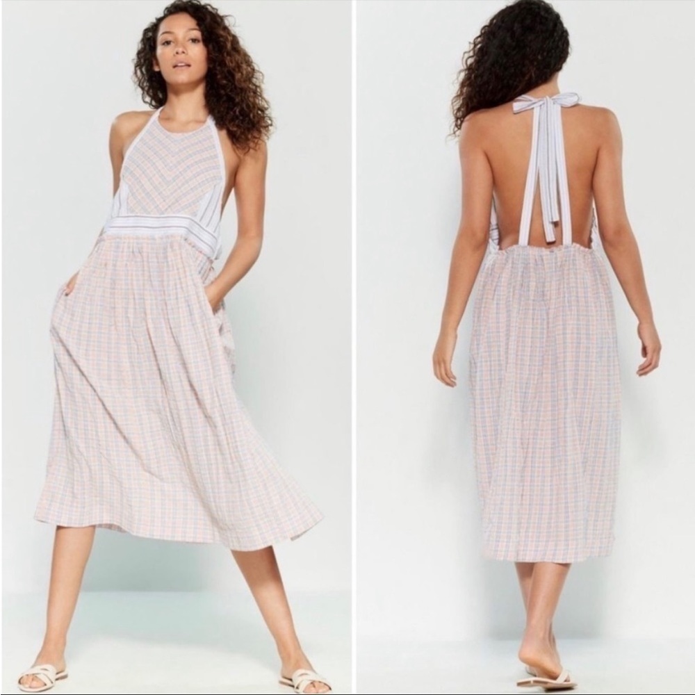 Free People Color Theory Plaid Open Back Tie Apron Relaxed Midi Dress Size XS - Picture 4 of 11